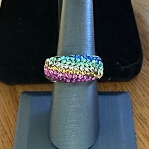 Multicolor Crystal Silvertone Band Ring by JCM. Made in Thailand. Brass.